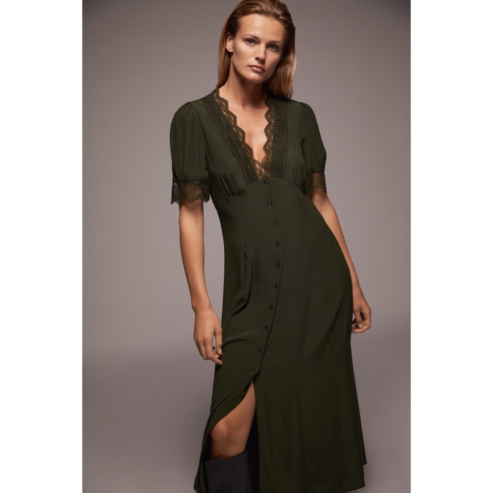 Zara Blogger’s Favorite Olive Green Vintage Lace V-Neck Button Down Midi Dress